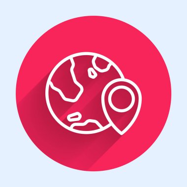 Dünya ikonundaki beyaz çizgi konumu uzun gölgeli izole edilmiş. Dünya ya da Dünya işareti. Kırmızı daire düğmesi. Vektör