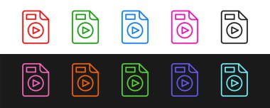 Satır AVI dosya belgesini ayarla. Avi düğmesi simgesi siyah ve beyaz arkaplanda izole edildi. AVI dosya sembolü. Vektör