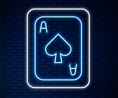 Parlayan neon hattı tuğla duvar arka planında izole edilmiş kart simgesi çalıyor. Kumarhane kumarı. Vektör