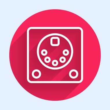 Uzun gölgeli beyaz çizgi Drum makinesi simgesi. Müzik aletleri. Kırmızı daire düğmesi. Vektör