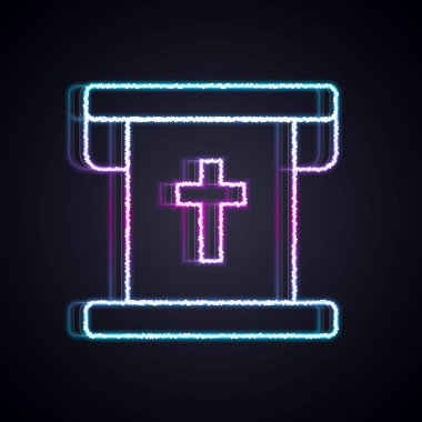 Siyah arkaplanda Hristiyan haçı simgesi olan parlak neon çizgisi bayrağı. Vektör