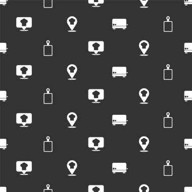 Tost makinesini ayarlayın, kesme tahtası, konumu ve kusursuz desenli aşçı şapkası. Vektör