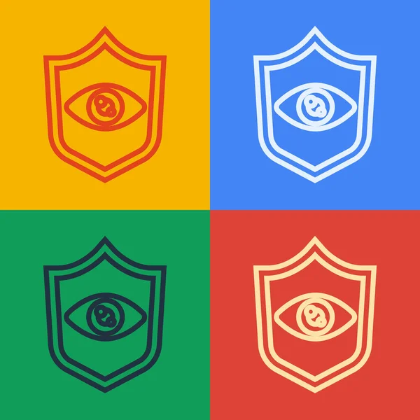 Pop art line Shield eye scan icon isolated on color background. Scanning eye. Security check symbol. Cyber eye sign. Vector — Διανυσματικό Αρχείο