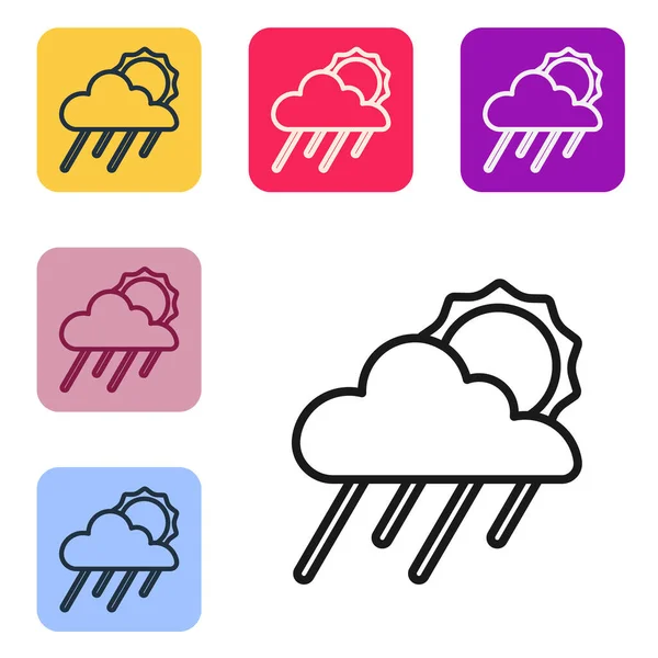 Schwarze Linie Wolke mit Regen und Sonne Symbol isoliert auf weißem Hintergrund. Regenwolken mit Regentropfen. Setzen Sie Symbole in farbigen quadratischen Tasten. Vektor — Stockvektor