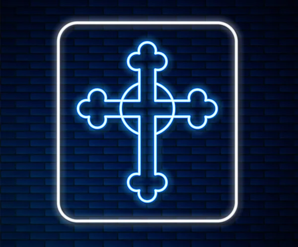Glowing neon line Christian cross icon isolated on brick wall background. Church cross. Vector — Stock Vector