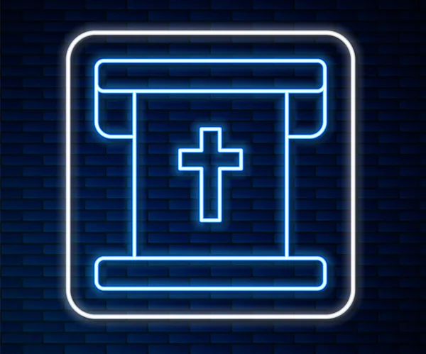 Linha de néon brilhante Bandeira com ícone de cruz cristã isolado no fundo da parede de tijolo. Vetor —  Vetores de Stock