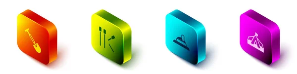 Set Isometric Shovel, Matches, Hunter hat and Tourist tent icon. Vector — Διανυσματικό Αρχείο