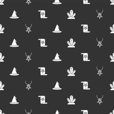 Sihirli taş, pentagram kolye, cadı şapkası ve kusursuz desenli Eskiler 'in sihirli kitabı. Vektör