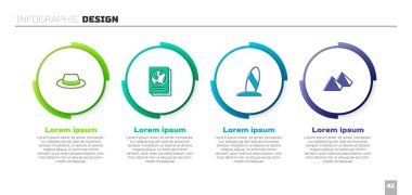 Kurdeleli, pasaportlu, sörf tahtalı ve Mısır piramitli Man şapkası. Ticari bilgi şablonu. Vektör