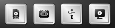MP4 dosya belgesi, Retro ses kaseti, Gimbal kamera dengeleyicisi ve Online video simgesi oynat. Gümüş kare düğme. Vektör