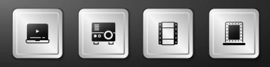 Çevrimiçi oynatma videosu, Ortam Projektörü, Video Oynat ve Makyaj aynasını ışık simgesi ile ayarla. Gümüş kare düğme. Vektör