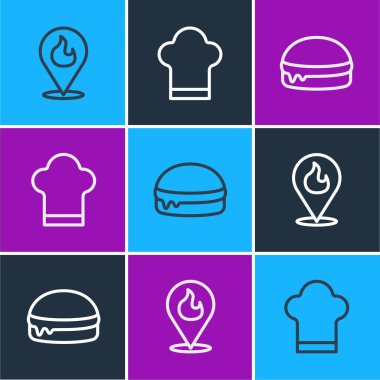 Hattı ateş alevi, Burger ve Chef şapka ikonu ile ayarlayın. Vektör