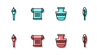 Eski amforalar, Meşale alevi, ferman, parşömen, kaydırma ve tüy kalem simgesi. Vektör