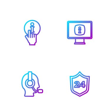 Telefon hattını 24 saat destekle, kulaklığı olan adam, Bilgi ve Monitör bilgilerini ayarla. Renk simgeleri. Vektör