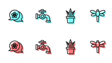 Hattı çömleğe, çiçeğe, su musluğuna ve Dragonfly ikonuna ayarla. Vektör