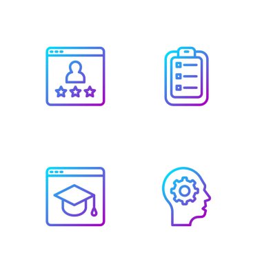 Çevrimiçi eğitim, müşteri ürün derecelendirme ve liste ya da planlama konularında insan kafası ayarlayın. Renk simgeleri. Vektör