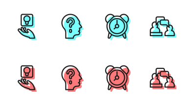 Alarm saatini, ampulü, soru işaretli kafayı ve konuşan iki adamı ayarla. Vektör