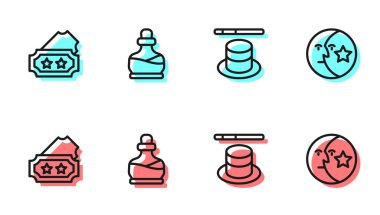 Sihirli şapka ve değnek, bilet, iksirli şişe ve ay yıldızı ikonu. Vektör