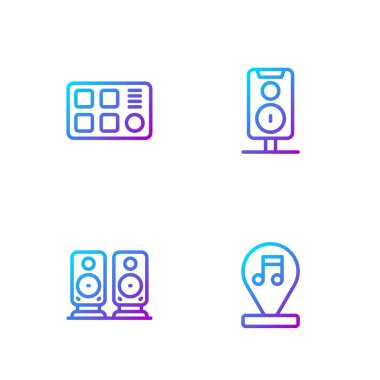 Satır müziği notası, ton, müzik seti hoparlörü, davul makinesi ve... Renk simgeleri. Vektör