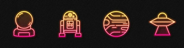 Set line Planet, Astronaut helmet, Robot and UFO flying spaceship. Glowing neon icon. Vector — Stock Vector