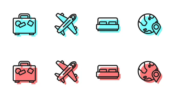 Set line Hotel room bed, Suitcase, Plane and Location on the globe icon. Vector — Stock Vector
