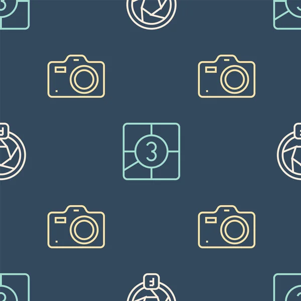 Set line Camera shutter, Photo camera and Old film movie countdown frame on seamless pattern. Vector — Stock Vector