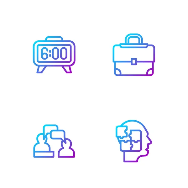 Set line Head estrategia de puzzles, dos hombres sentados hablando, despertador digital y maletín. Iconos de color degradado. Vector — Vector de stock