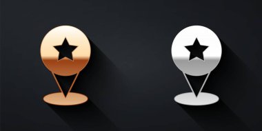 Siyah zemin üzerinde yıldız simgesi olan altın ve gümüş harita işaretçisi. Yıldız favori iğne haritası simgesi. Harita işaretleyicileri. Uzun gölge tarzı. Vektör