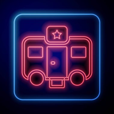 Siyah arka planda izole edilmiş aktör ikonu için parıldayan neon makine karavan soyunma odası. Film ekibi tuvaleti. Yıldız yatağı. Film aracı. Vektör