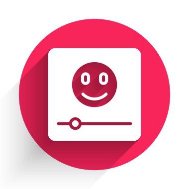 Beyaz müzik çalar simgesi uzun gölgeli izole edilmiş. Taşınabilir müzik cihazı. Kırmızı daire düğmesi. Vektör