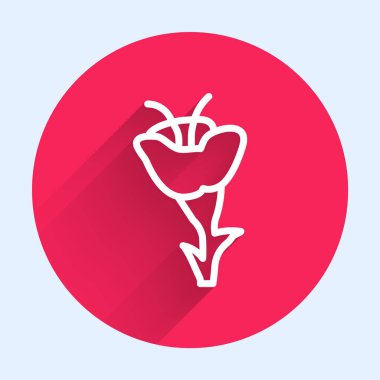 Beyaz çizgi çiçek ikonu uzun gölgeli izole edilmiş. Kırmızı daire düğmesi. Vektör