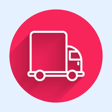 Beyaz çizgi kargo kamyonu ikonu uzun gölgeli izole edildi. Kırmızı daire düğmesi. Vektör