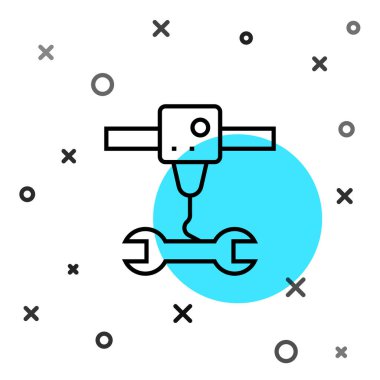 Siyah çizgi 3D yazıcı anahtarı anahtarı simgesi beyaz arkaplanda izole edildi. 3D baskı. Rastgele dinamik şekiller. Vektör