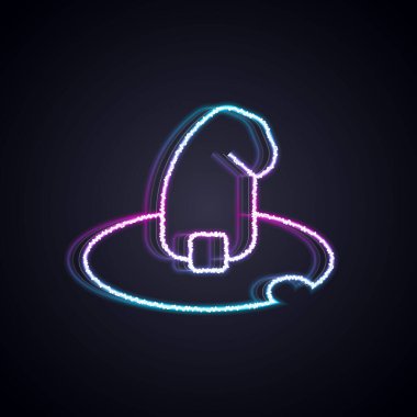 Parlayan neon hattı cadı şapkası simgesi siyah arkaplanda izole edildi. Mutlu Cadılar Bayramı Partisi. Vektör