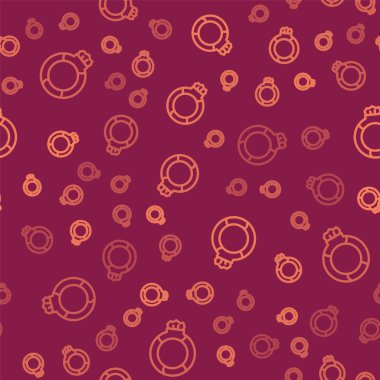 Kahverengi çizgi, kırmızı zemin üzerinde pırlanta simgesi olan sihirli taştan bir yüzük. Vektör