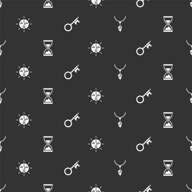 Kolyeyi kristalle, eski kum saatiyle, güneş ve anahtarla kusursuz bir şekilde ayarla. Vektör