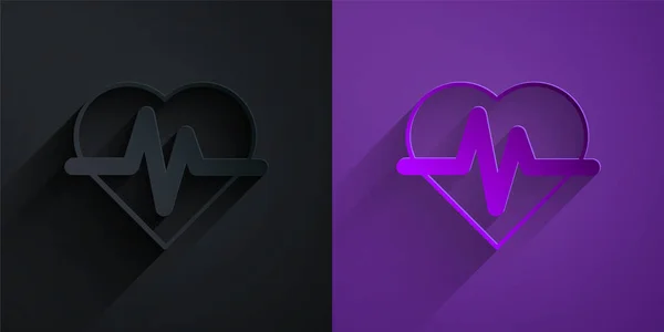 Herzfrequenzsymbol isoliert auf schwarzem auf violettem Hintergrund. Herzschlagzeichen. Herzpuls-Symbol. Kardiogramm-Symbol. Papierkunst. Vektor — Stockvektor