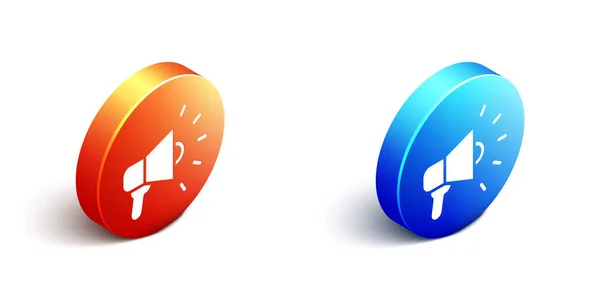 Isometrisches Megaphon-Symbol isoliert auf weißem Hintergrund. Lautsprecherzeichen. Orange und blauer Kreis-Knopf. Vektor — Stockvektor