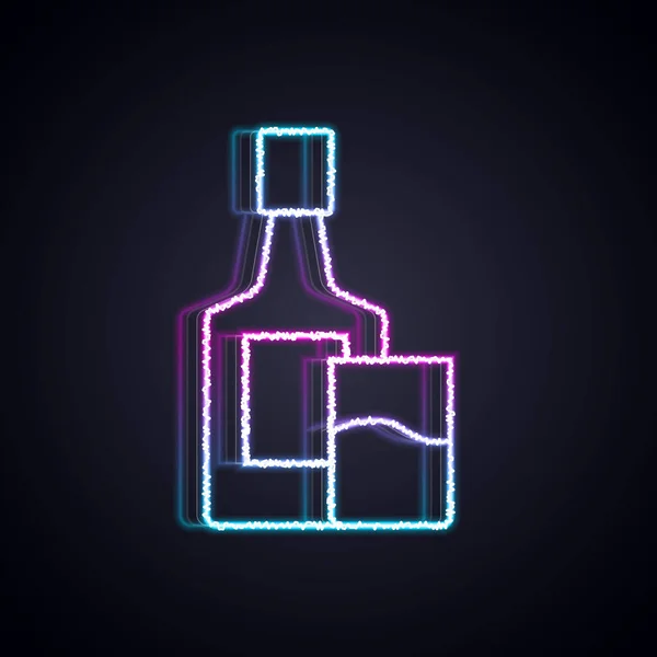 Brillante línea de neón Whisky botella y cristal icono aislado sobre fondo negro. Vector — Vector de stock
