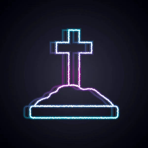 Linea al neon luminosa Tomba con icona a croce isolata su sfondo nero. Vettore — Vettoriale Stock