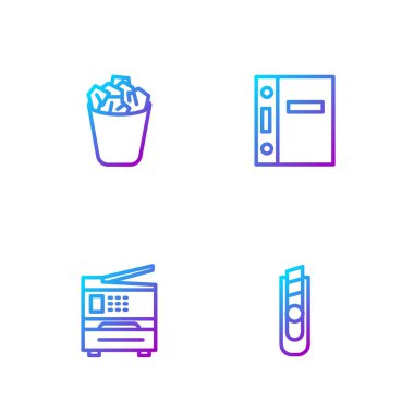 Kırtasiye bıçağı, yazıcı, tam çöp kutusu ve ofis klasörlerini ayarla. Renk simgeleri. Vektör