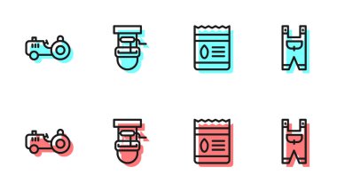 Torba dolusu bitki, traktör, kova ve bahçe işçisi giysi ikonuyla dolu bir sıra oluştur. Vektör