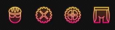 Bisiklet sürme kolu, kask ve bisiklet şortu ayarlayın. Parlayan neon ikonu. Vektör