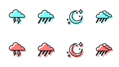 Ay 'ı ve yıldızları hizaya sok Fırtına, Bulut' u yağmur ve ikonla. Vektör