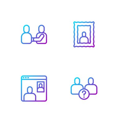 Karmaşık ilişkiler, görüntülü sohbet konferansı, mutlu arkadaşlık günleri ve resim çerçevesi. Renk simgeleri. Vektör