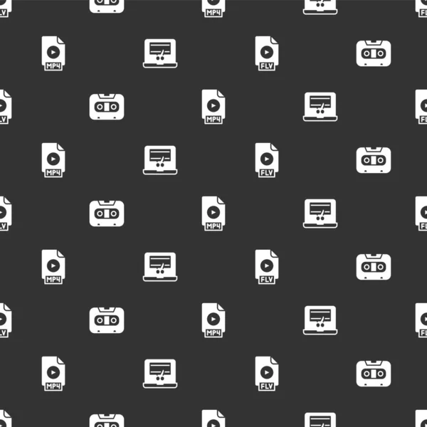 Set FLV file document, Retro audio cassette tape, MP4 and Video recorder on laptop on seamless pattern. Vector — Stock Vector