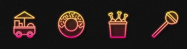 Set lijn Kippenpoot in pakketdoos, Fast street food kar, Donut en Lollipop. Een gloeiend neon icoon. Vector — Stockvector