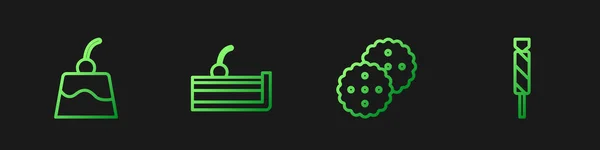 Set line Cookie ή μπισκότο, κρέμα Pudding, Cherry cheesecake και Candy. Κλιμακωτές έγχρωμες εικόνες. Διάνυσμα — Διανυσματικό Αρχείο