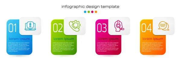 Set linea del computer portatile con informazioni, telefono 24 ore di supporto, auricolare uomo e conversazione vocale bolla. Modello di infografica aziendale. Vettore — Vettoriale Stock