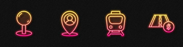 Linie Zug festlegen, Stecknadel drücken, Ort mit Person und Mautstraßenschild. Leuchtende Leuchtschrift. Vektor — Stockvektor